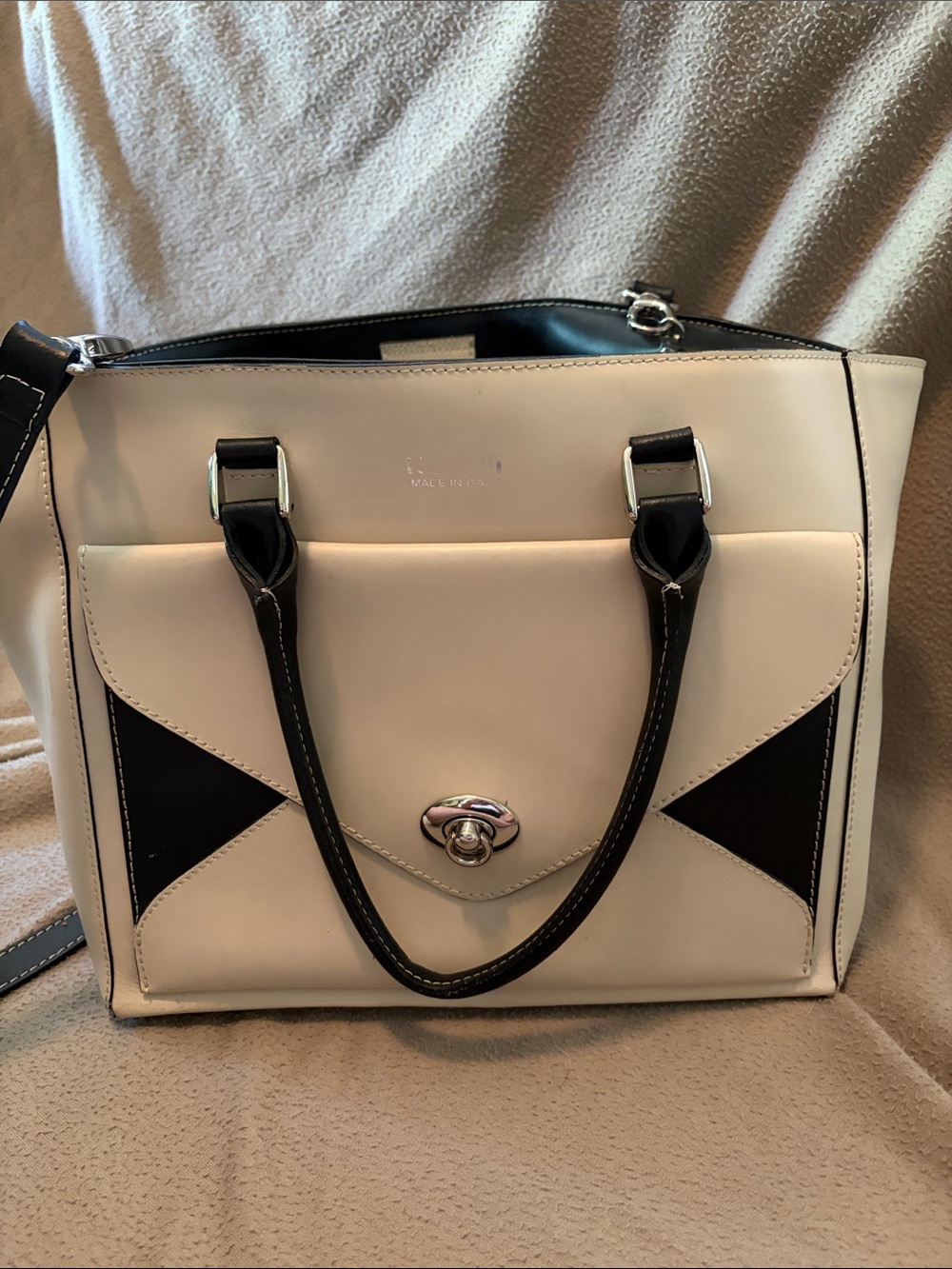 Nardelli Cream and Black Structured Women’s Tote Bag with Turn-Lock Pocket